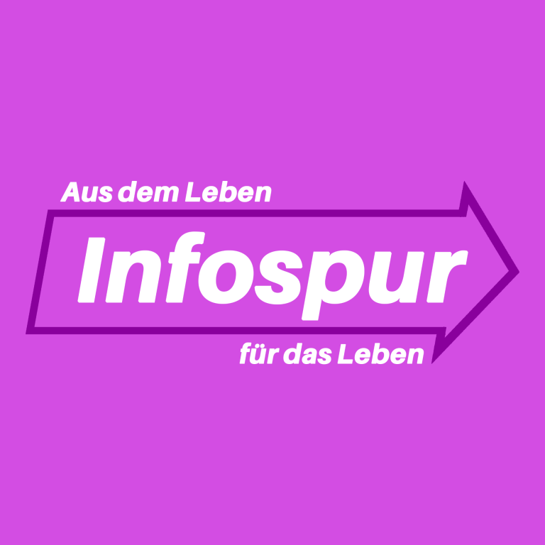 Logo mit dem Text "Infospur" auf lila Hintergrund, Pfeil nach rechts, Slogan darunter.